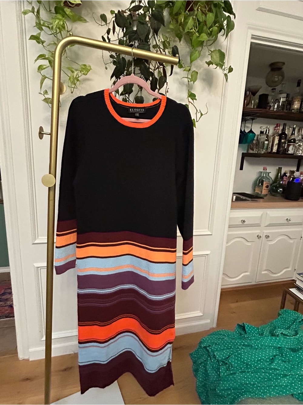 Eloquii Black Knit Long-Sleeve Dress with Multicolor Stripes
